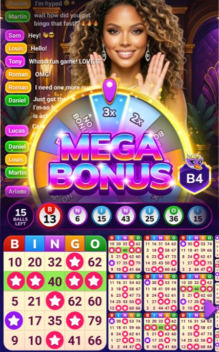 LivePlay Live Bingo: AI avatar host Spice presenting a Mega Bonus multiplier wheel over bingo cards