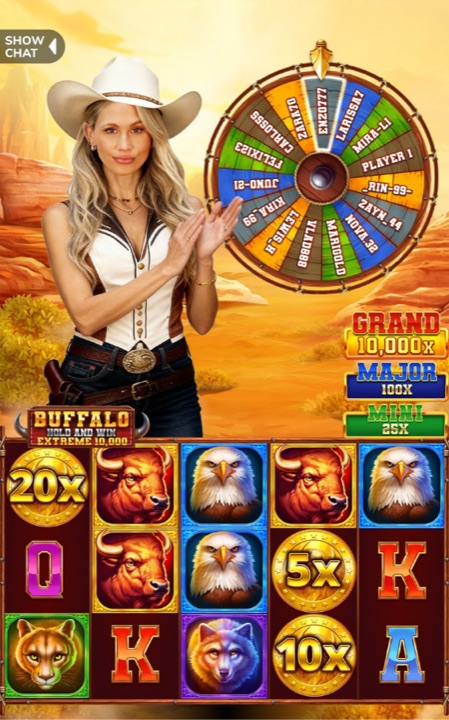 LivePlay Live Slots: a live host presenting Buffalo Hold and Win Extreme 10,000 with a player prize wheel