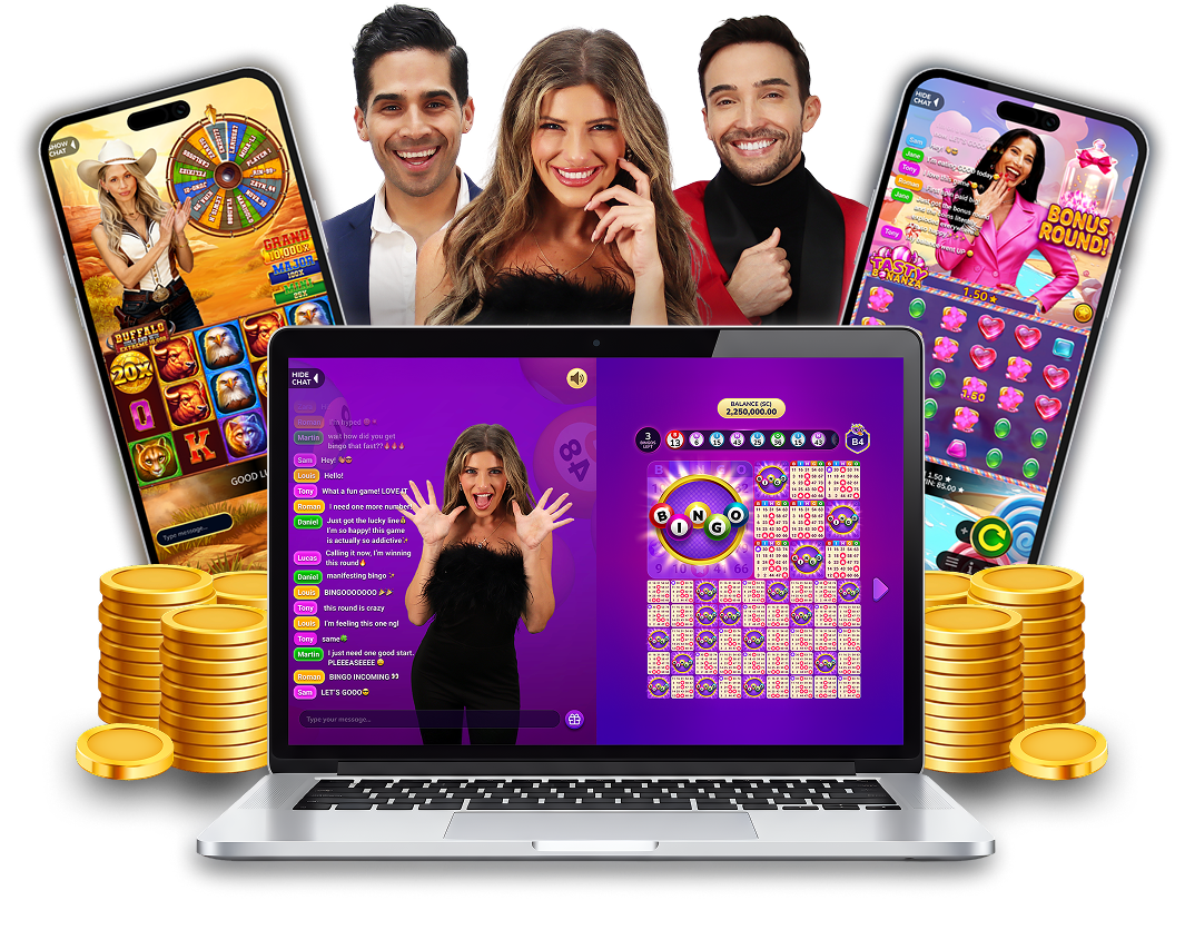 LIVEPLAY® live-hosted games on phones and a laptop: live slots, live bingo with chat, and three live hosts